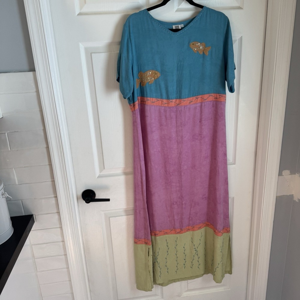 Usindo Lagenlook Fish Color Block Art-To-Wear Maxi Vintage Dress Size XL